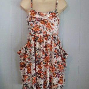 Dots Brand Women's Orange Red Green Floral Sleeveless Strap Big Pockets Dress M